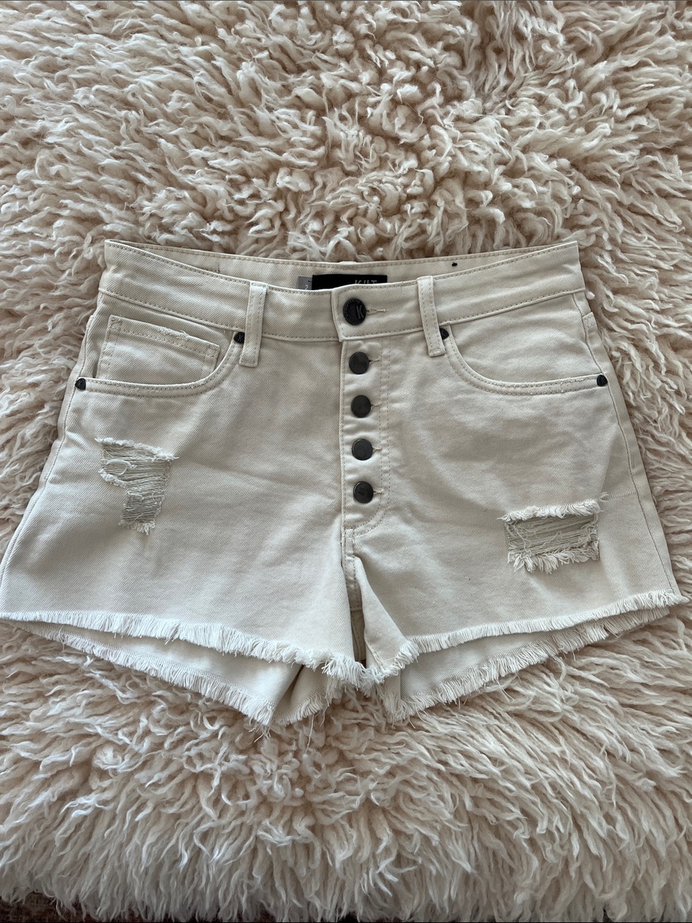 Kut from the Kloth Off-White Button-Front Distressed Denim Shorts